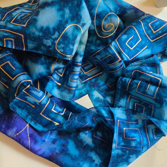 Blue Silk Batik Hand Painted Scarf by Rima Beachwear Greece-New - Picture 3 of 6